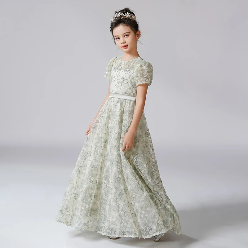 Dideyttawl O-Neck Dress For Girl Rhinestone Flower Lace Flower Girl Dresses Puff Sleeves Kids Birthday Formal Princess Gowns