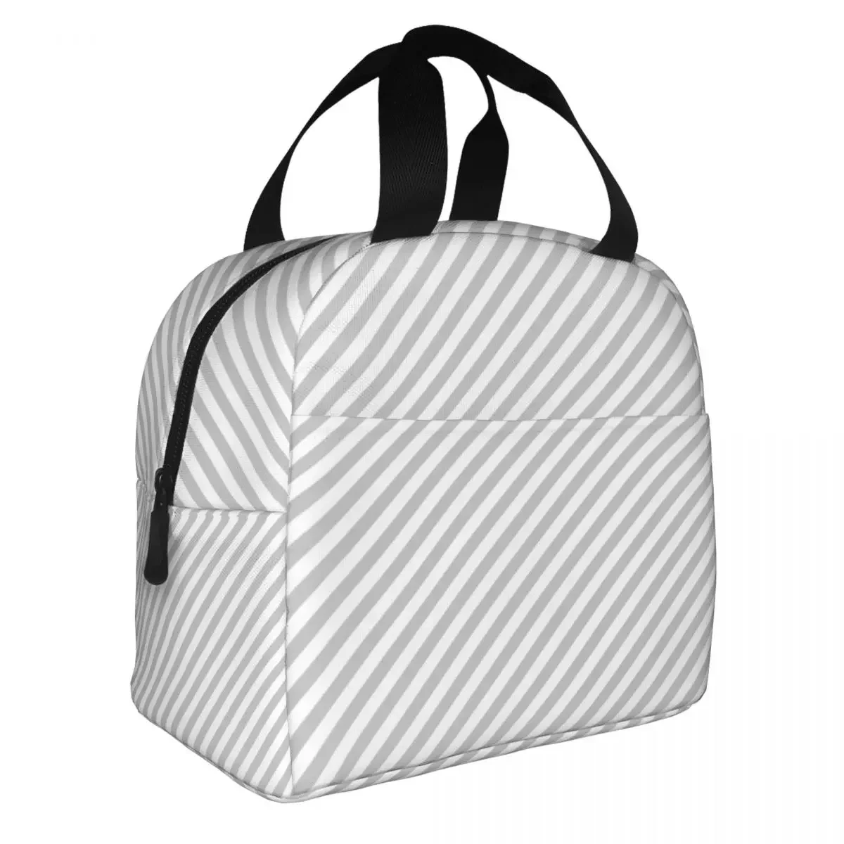 Stripes Grey Lunch Bag Portable Insulated Oxford Cooler Thermal Picnic Travel Lunch Box for Women Children