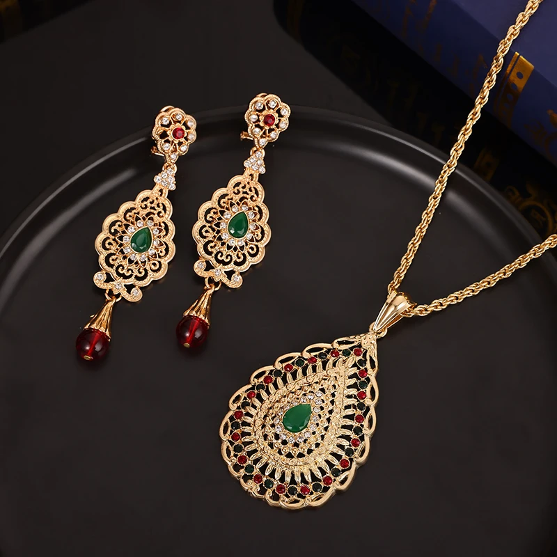 

New Fashion Four Seasons Style Bohemian Micro-inset Color Zircon Droplet Pendant Collarbone Necklace Earring Set For Women