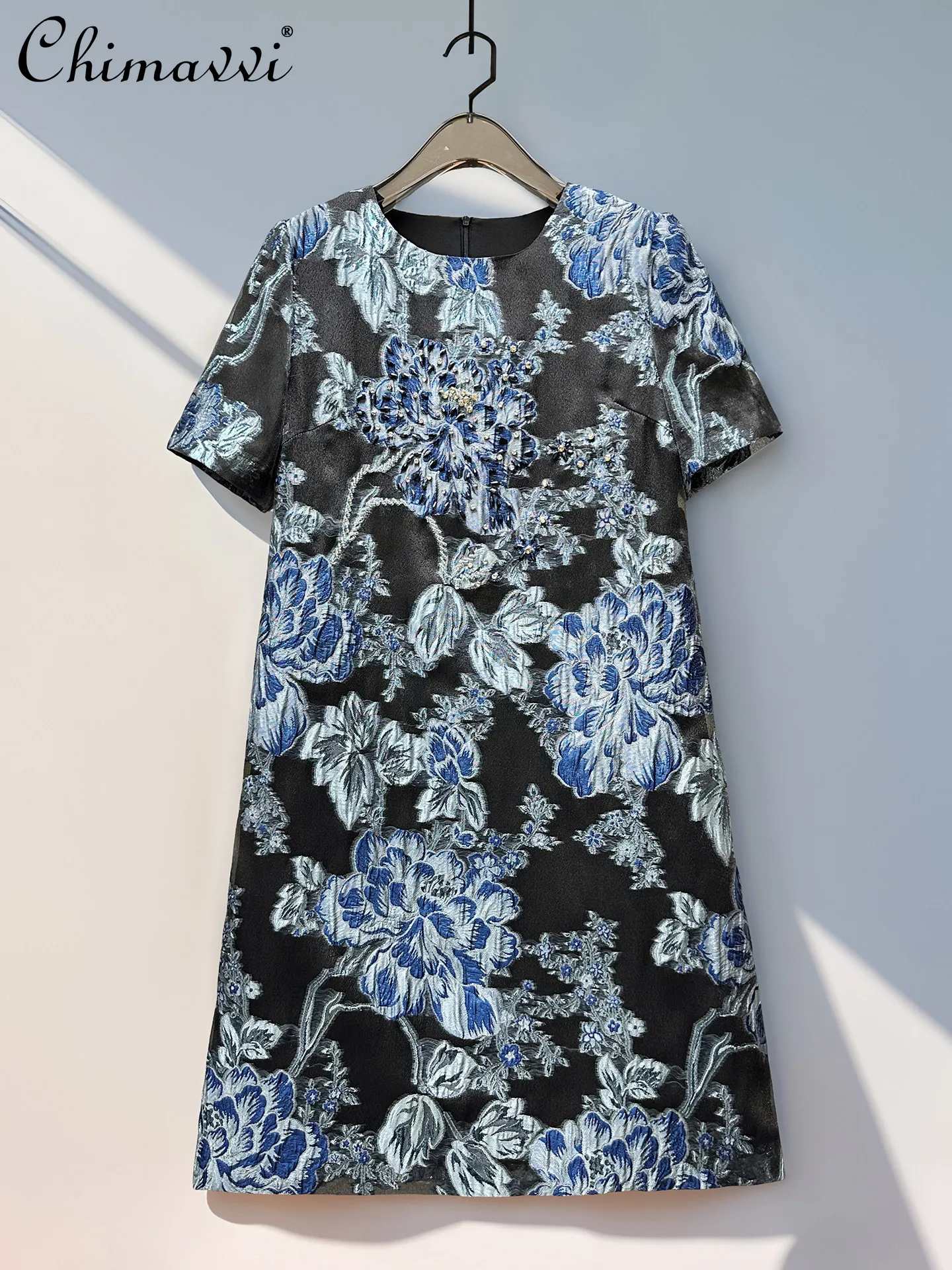 

2026 Summer French Elegant Fashion Socialite Heavy Industry Embroidery Beaded Crew Neck Short Sleeve High Waist Dress For Women