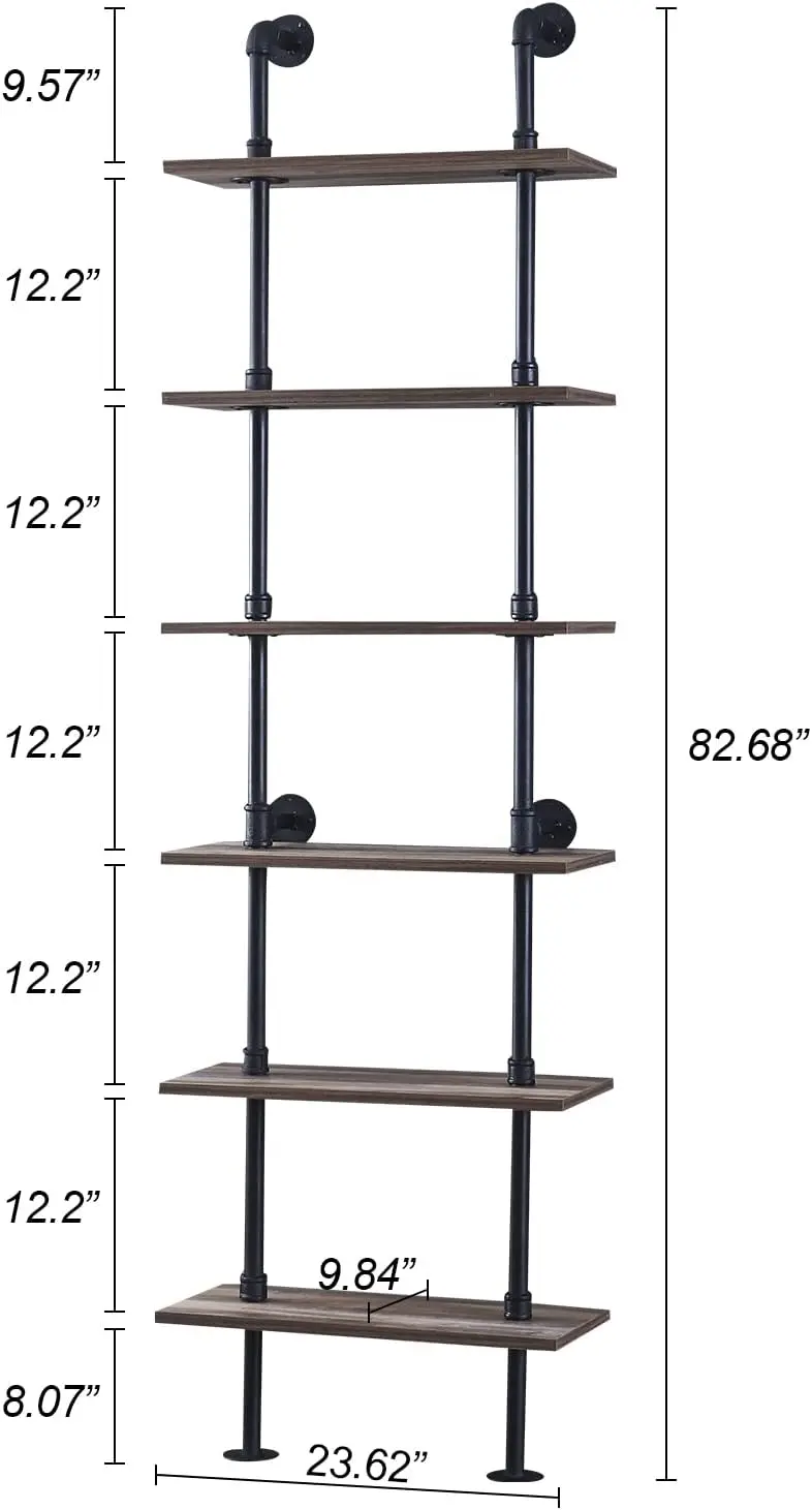 Industrial Bookshelf, 6-Tier Industrial Pipe Bookshelf, Wall Mounted Ladder Shelve