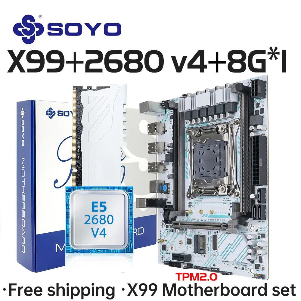 X99 placa-mãe lga 2011-3 conjunto kit xeon e5 2680 v4 processador cpu 8g * 1 ddr4 reg ecc memória ram m.2 nome para computador soyo