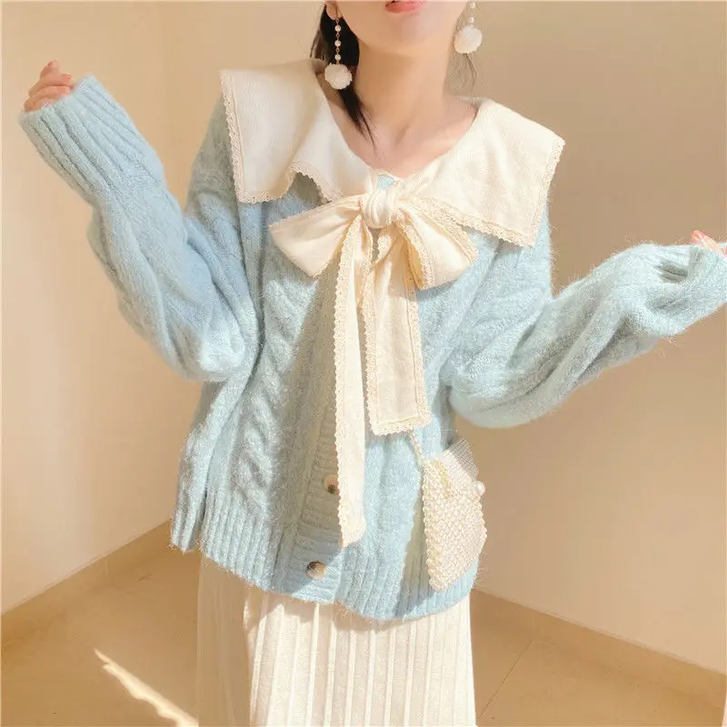 Sweet Loose Vintage Sweater Women Autumn Winter Knitting Cardigan Coat Lacing Long Sleeve Fashion All-match Trend Knitwear Tops