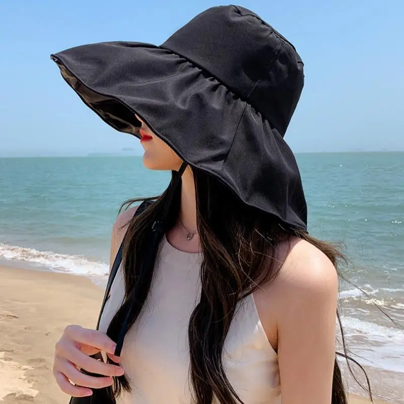 ●Summer Travel Sun Protection Hat Women Simple Solid Color Outdoor Casual Versatile Wide Brim Sunshade Fisherman Cap Breathable