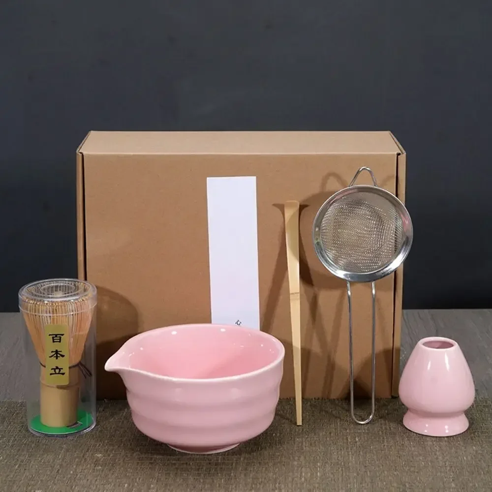 5pcs New Bamboo Ceramic Japanese Matcha Tea Set with Spout Reusable Match Bowl Food Grade Safe Green Tea Whisk Stirring