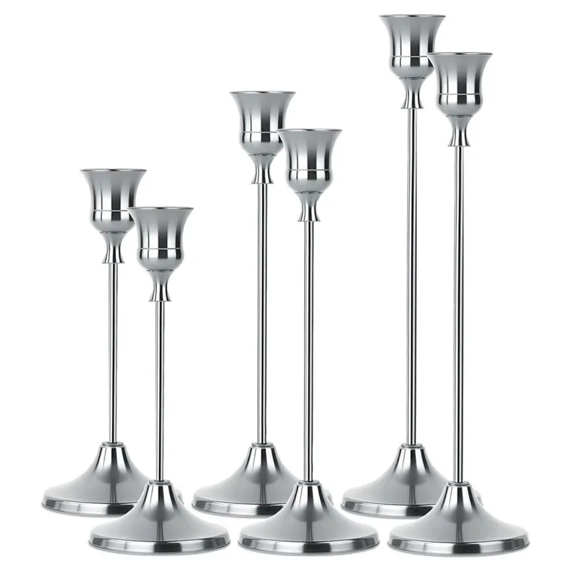

ABGH-Elegant 6-Piece Silver Taper Candle Holder Set For Table Centerpieces & Home Decor