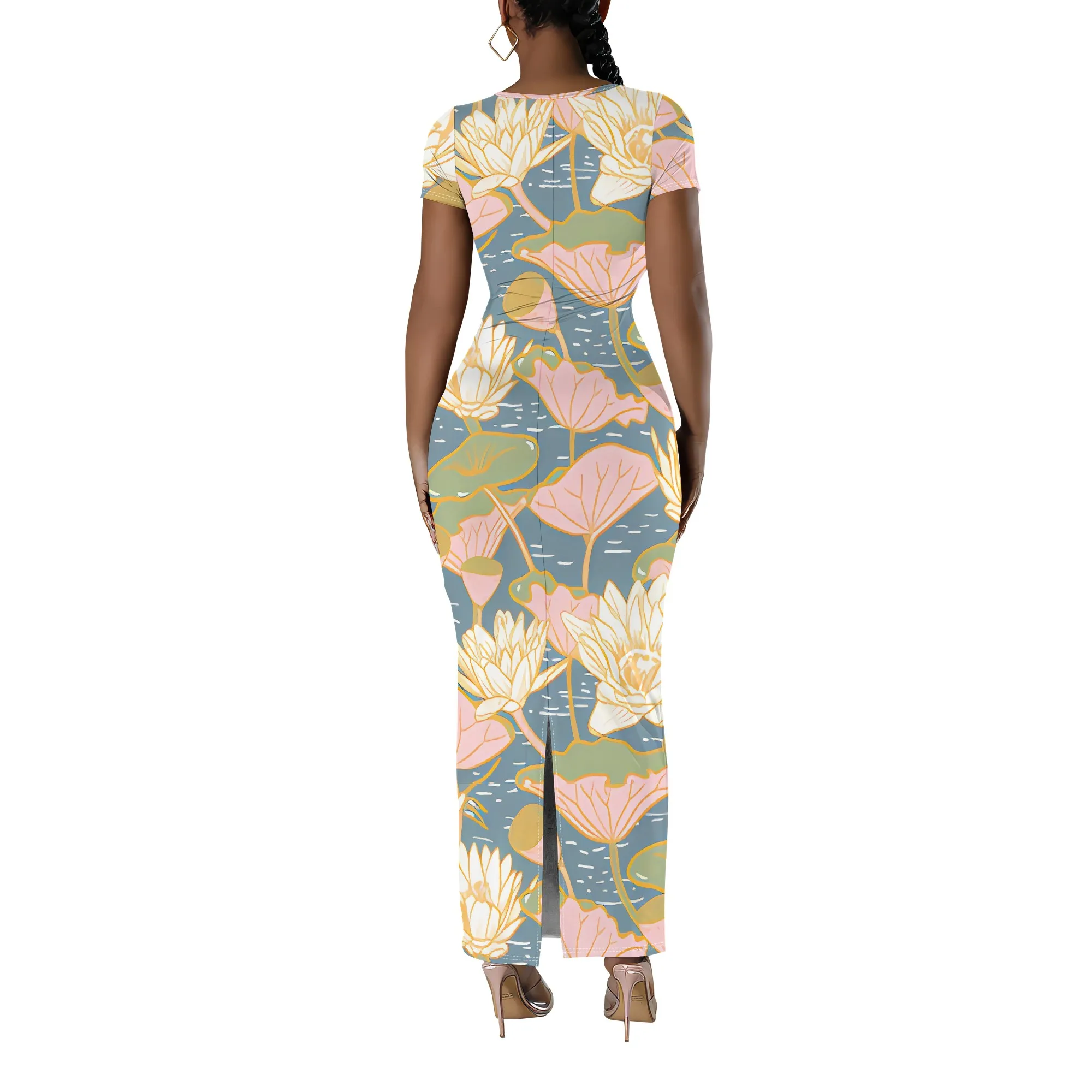 Vestido maxi bodycon de manga curta com estampa floral feminina elegante verão férias praia vestidos de festa