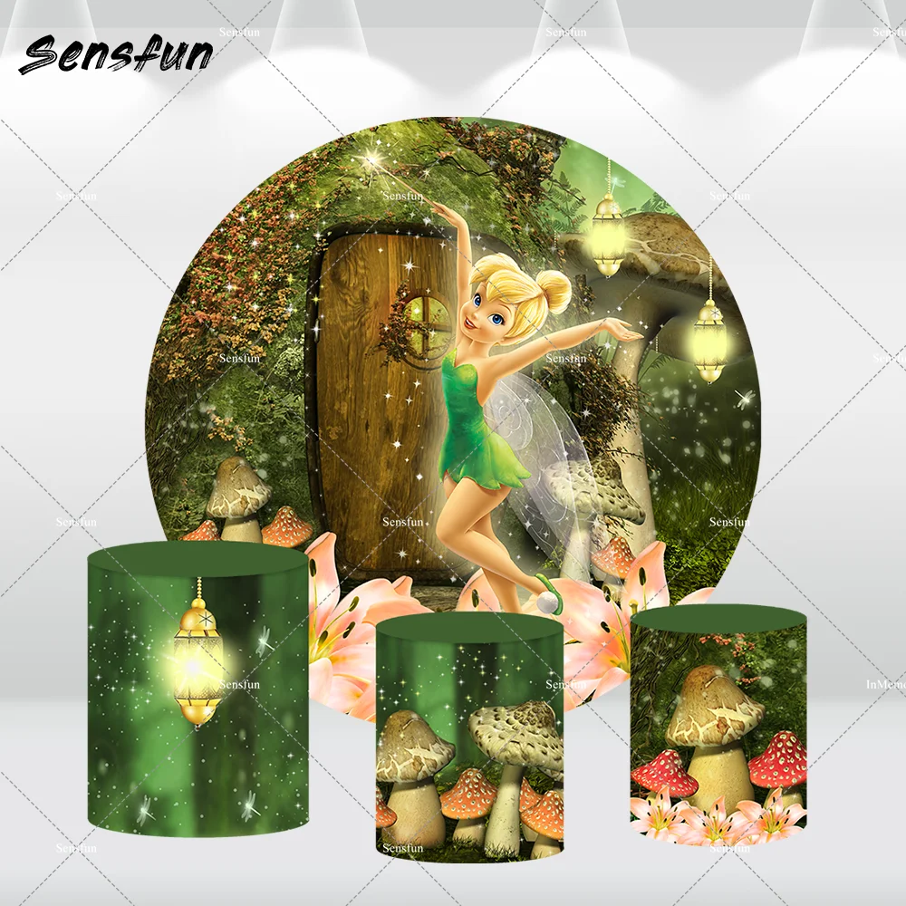 Enchanted Forest Tinker Bell Round Backdrop for Girls Birthday Decoration Party Supplies Mushroom Fairy Princess Background