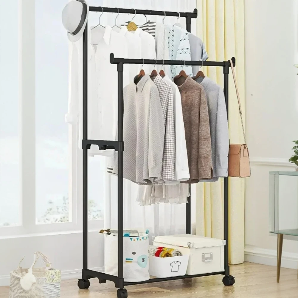 Clothes Rack Bedroom Telescopic Floor Hangers Movable Double Rod Coat Racks Wheeled Hanger Multifunctional Shoe Hat Storage Rack