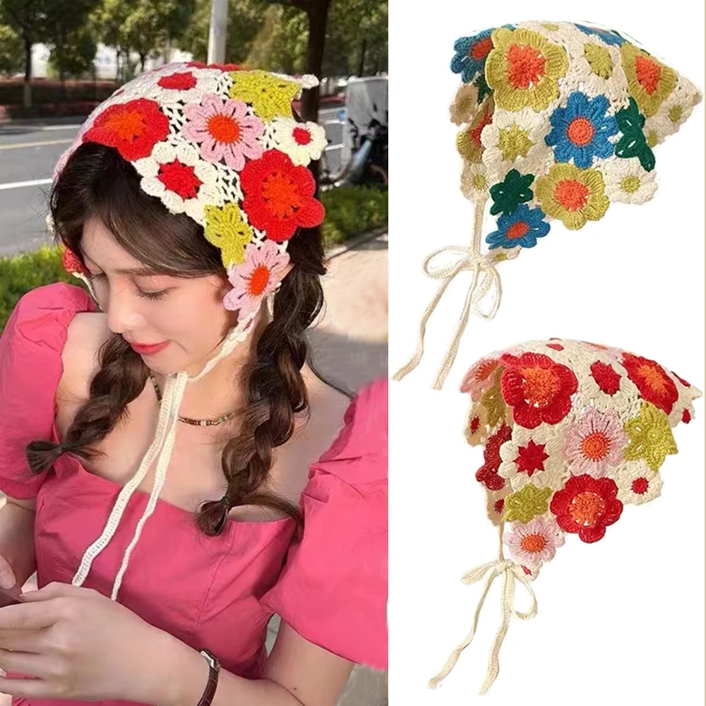 

Crochet Flower Hair Scarf Headband Bandana Hairband for Women Daisy Knitting Triangle Scarf Turban Headbands Hair Accessories