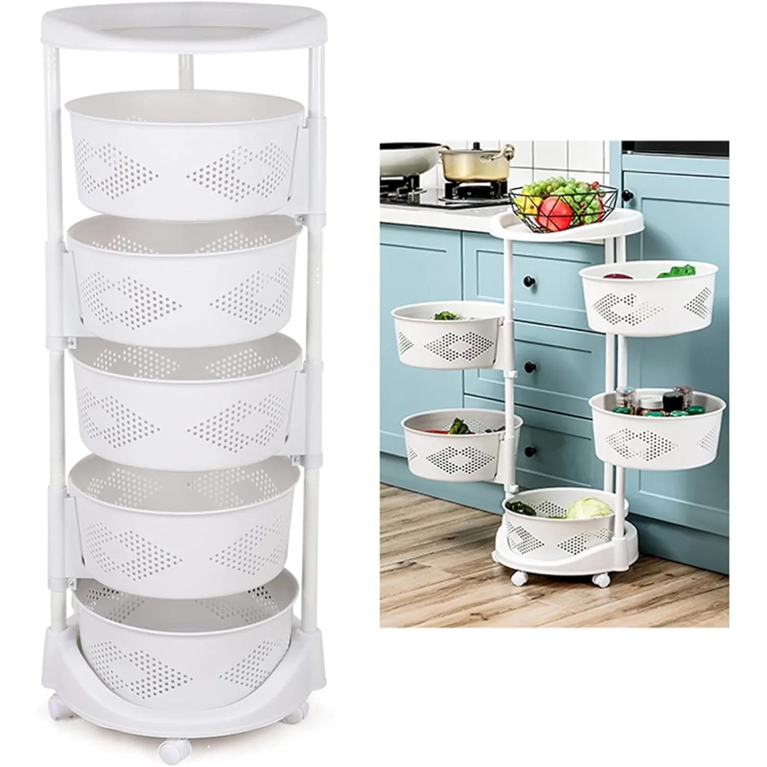 

5 Tier Swivel Storage Rack, Vegetable Storage Rack with Lockable Casters and Detachable Basket for Kitchen Bathroom Living Room