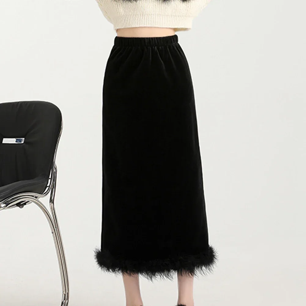 Club Wear Daily Fashion Feather Velvet Skirt Elegant Slit Skirt Casual Vacation Wear For Women Holiday Attire Black
