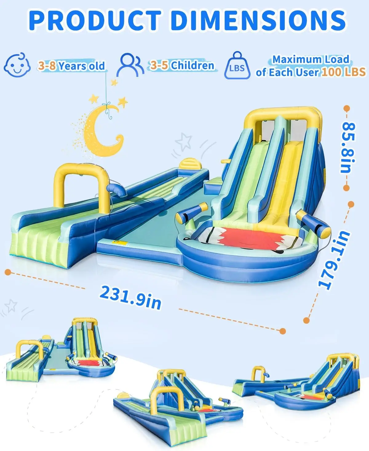 Inflatable Water Slide with Shark Theme, Extra-Long Sliding Lane, Designed for Big Kids