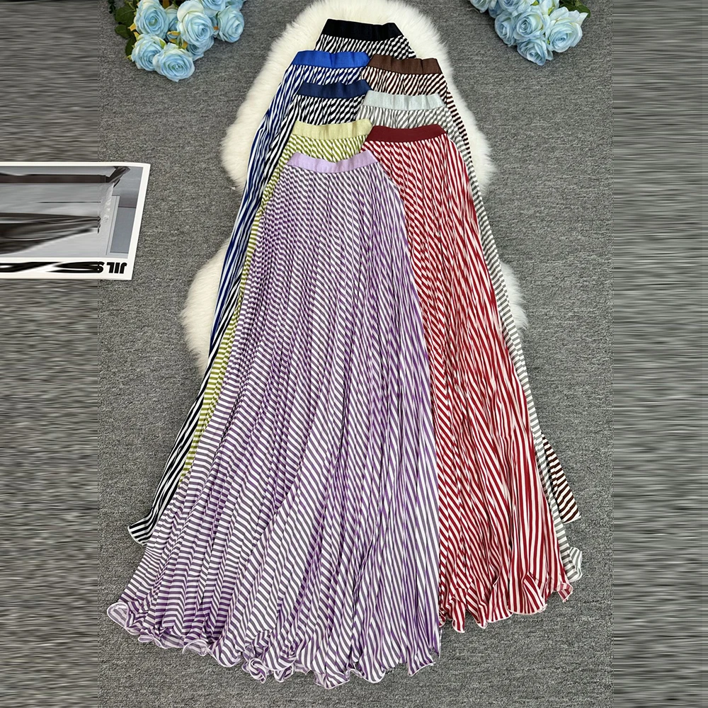 2026 New Polka Geometry Chiffon Pleated Skirt Women Casual Elastic Waist A-line Big Swing Boho Beach Long Skirt