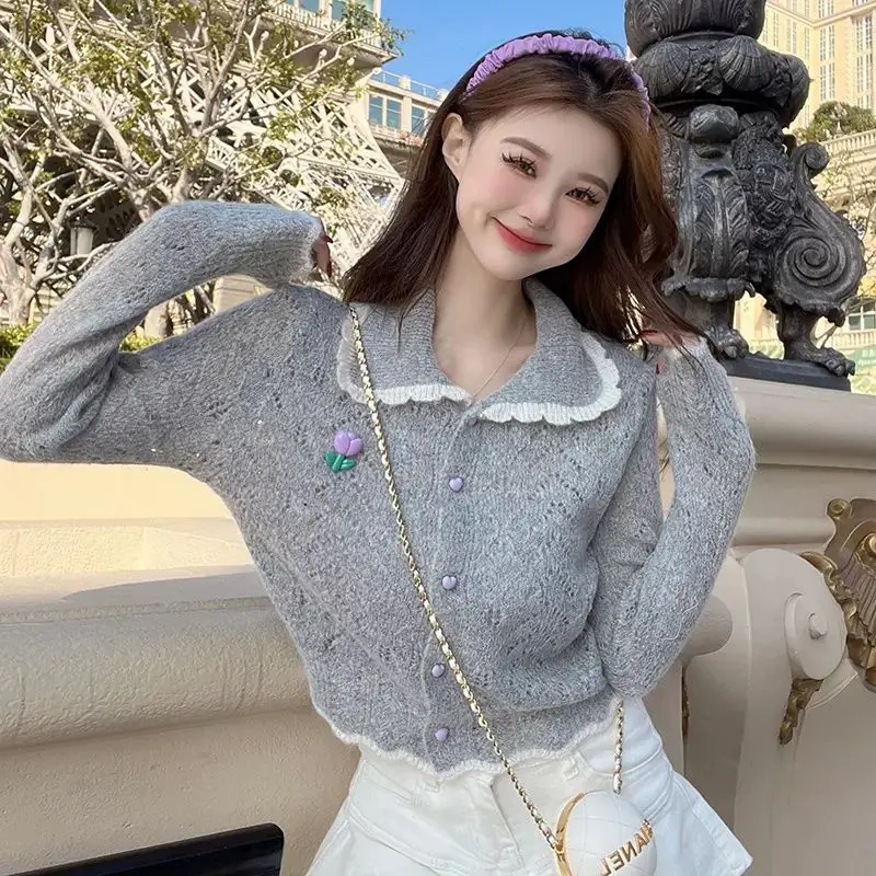 Peter Pan Collar Hollow Out Knitting Cardigan Women Autumn Sweet Solid Color Sweater Coat Fashion Slim Long Sleeve Knitwear Tops