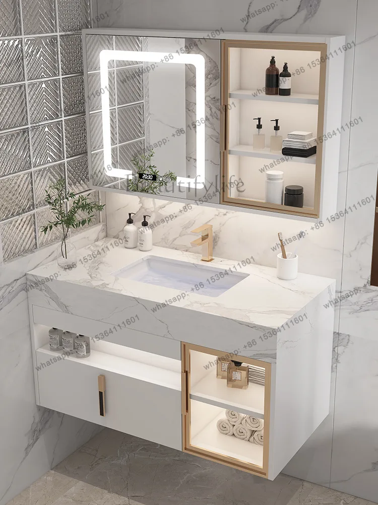 LDBathroom Cabinet with Slate Ceramics Sink Combination Solid Wood Intelligent Simple Bathroom Cabinet Sink Washbasin