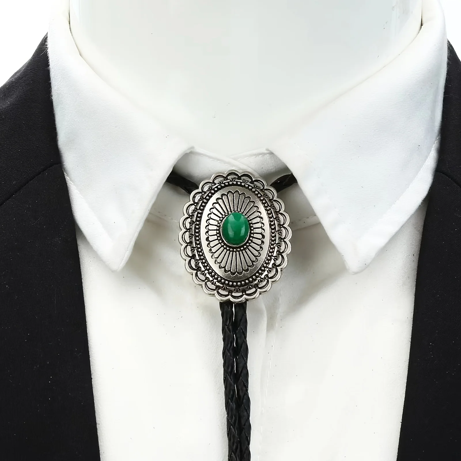Nuovo modello ovale geometrico da uomo alla moda intarsiato pietra preziosa sintetica corda in pelle Pollo cravatta cravatta da uomo accessorio regalo all'ingrosso