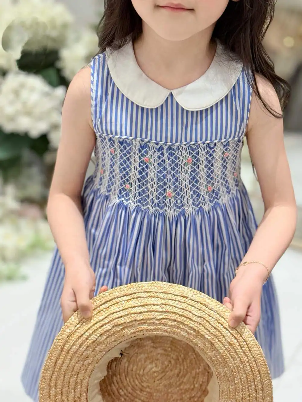 

baby dress kids girls clothesHand embroidered flowers Blue striped sleeveless dress Sweet girls' summer dress Princess Dress