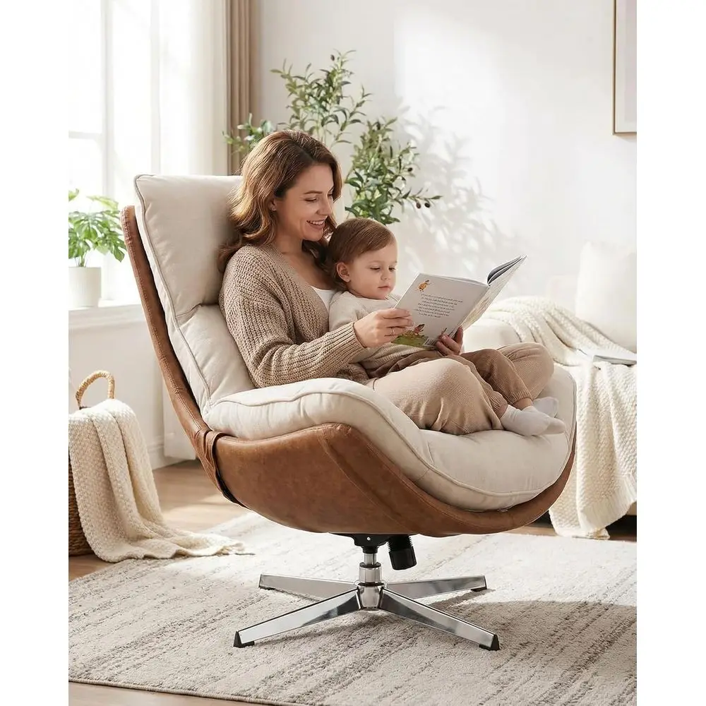 1-Pack Linen Swivel Lounge Chair, Beige | High Back Upholstered Accent Chair With Metal Base, ArmlComy Recliner Single Soa