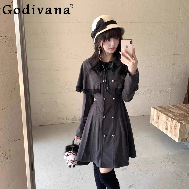 

Original New Sweet Cool Girl Cape Dress Long Sleeve Japanese Style Black Dress Women's Autumn Lolita Cute Cosplay Dress