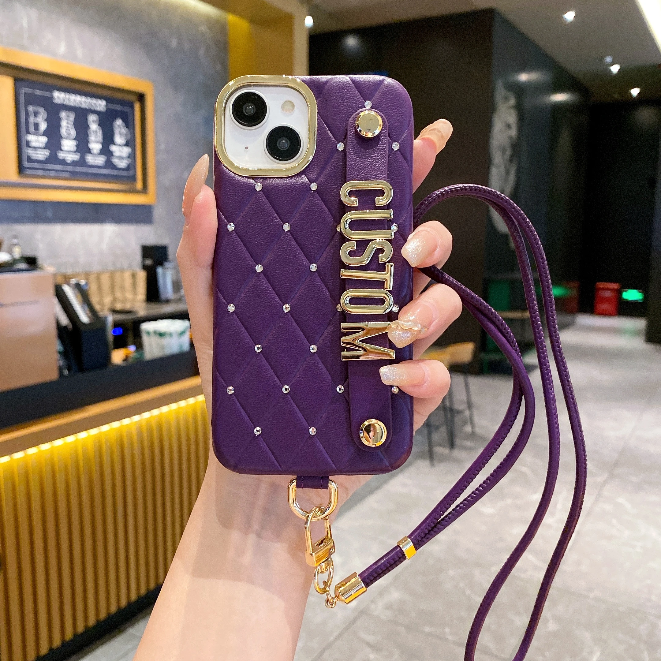 

Customized name letter full diamond leather Phone case wristband holder for iPhone16 15 14 13 12ProMAx crossbody lanyard Cover