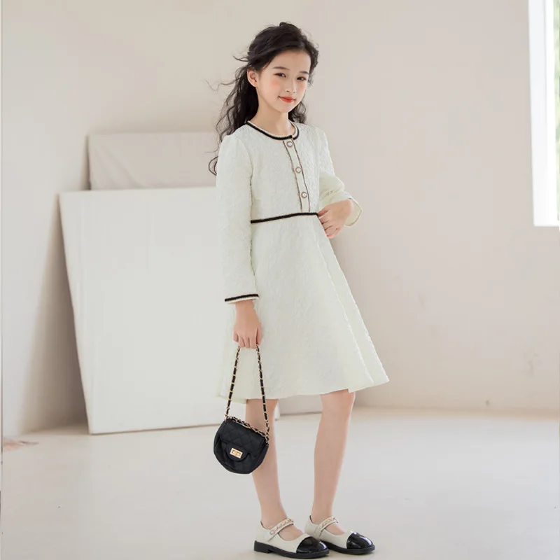 2024 Korean Spring Autumn School Girl Long Sleeve Dress Teenager Girl Fluffy Embossed One-piece Dress Junior Girl Princess Dress