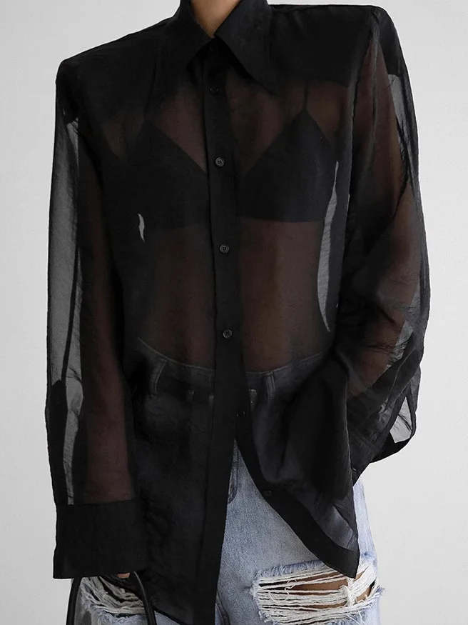 

Women's Loose Long Sve Me Blouse See-tough Transparent Faion Silk Material Spring Summer Autumn Color irt