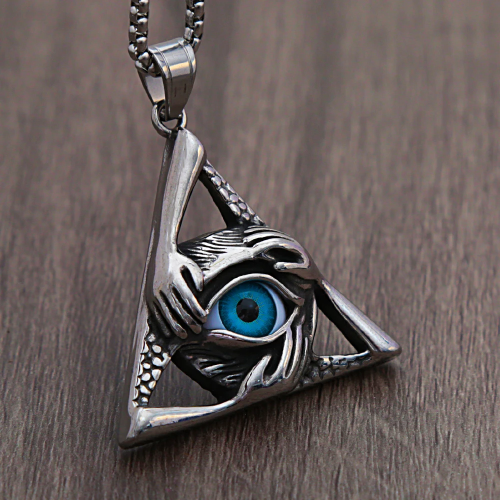 Retro Unique Evil Eye Pendant for Men Punk Hip Hop Stainless Steel Triangle Necklace Personality Fashion Jewelry Gift Wholesale