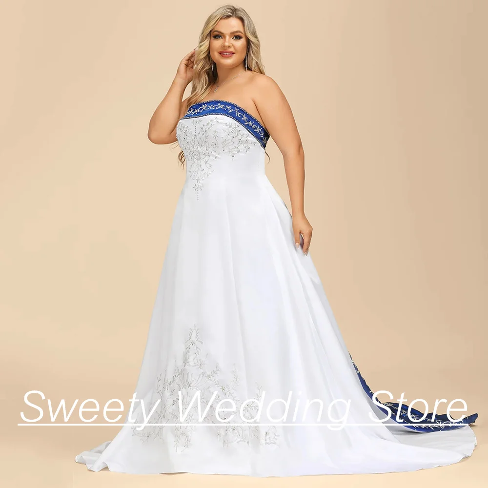 White and Blue Satin Wedding Dresses Gorgeous Embroidery Lace A Line Bridal Gown Sweep Train Corset Bridal Gown Plus Size