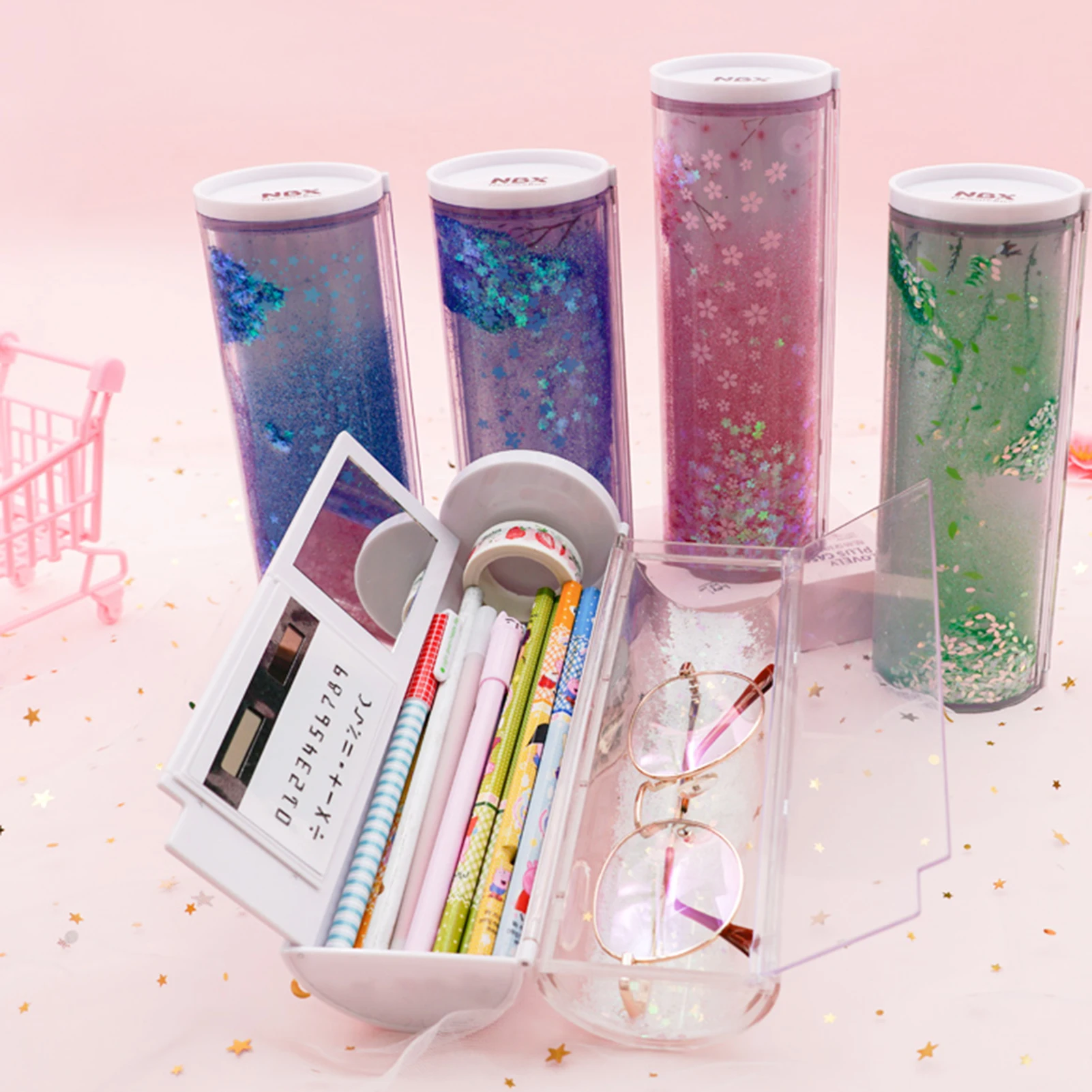 NBX Pencil Cases Multifunctional Standing Quicksand Pencil Case Organizer Double Layer Cylindrical Cute Pen Bag Holder & Mirror