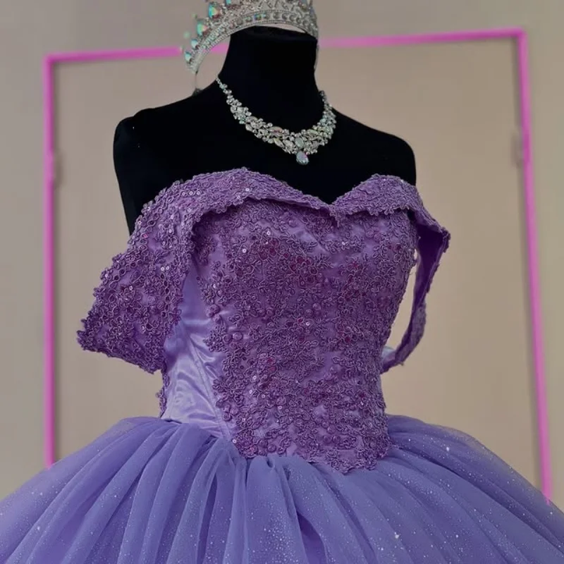 Customized Shiny Deep purple Quinceanera Dresses Off the Shoulder Tull applique trailing Vestido De 15 Quinceanera
