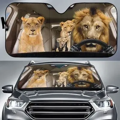 Funny Turquoise Family Left Hand Drive Car Sunshade, American Shorthair Cats Driving Auto Sun Shade, Gift Idea for Lion Lover Ca