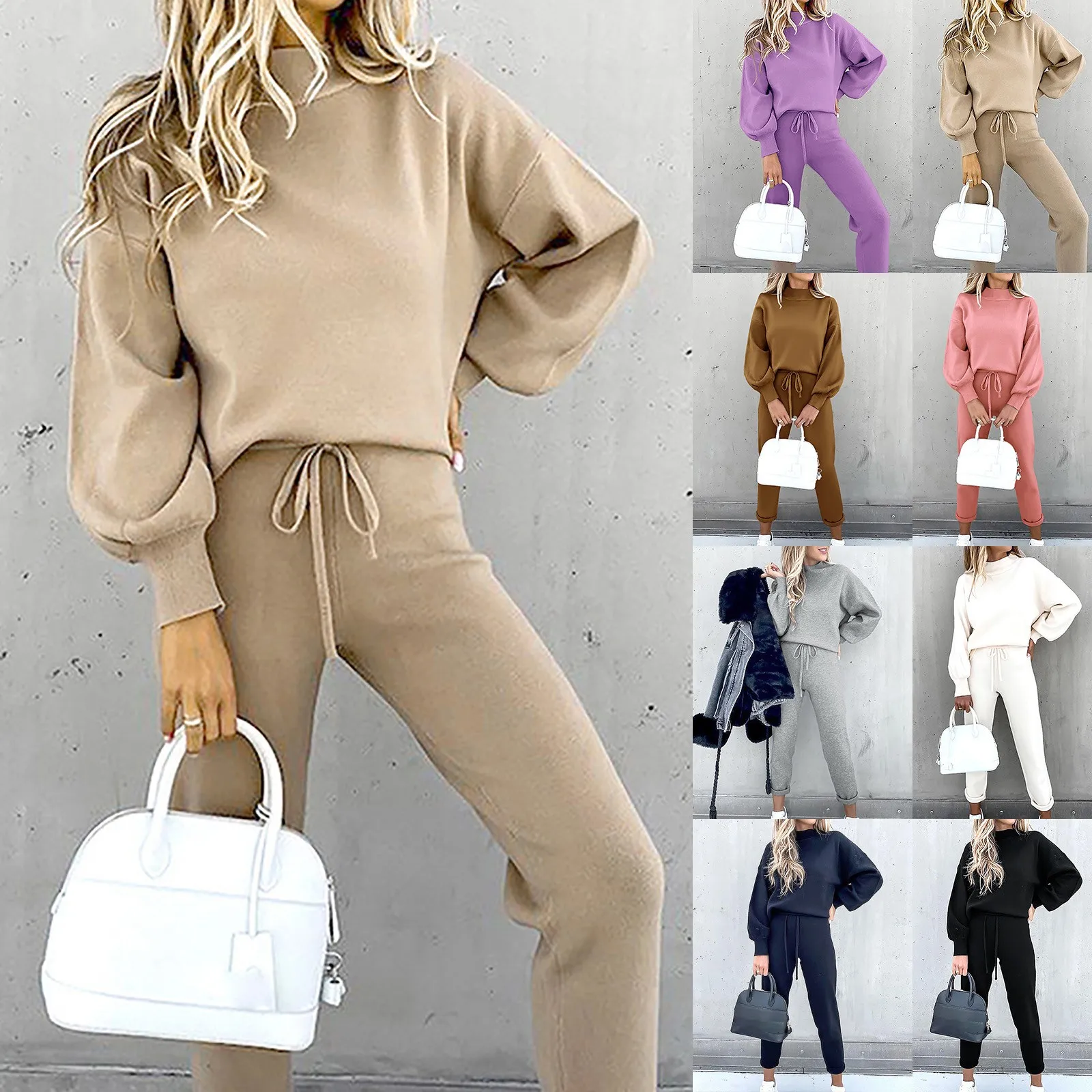 2 Piece Suit Sports for Women\'s Solid Color Fashion Casual Outfits Set Loungewear Long Sleeve Wide Leg Pants Streetwear