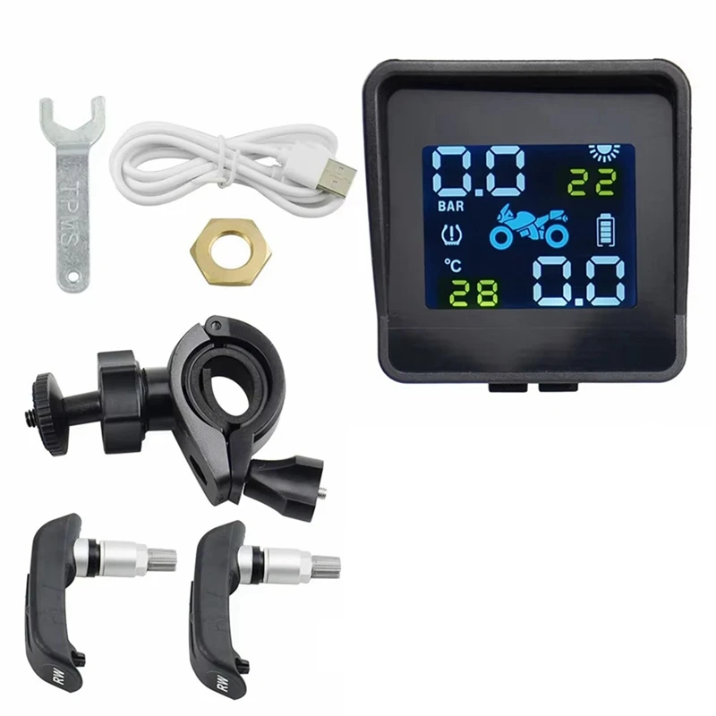 Motorcycle Solar TPMS Motor Tire Pressure Temperature Monitoring System Kit USB Charging