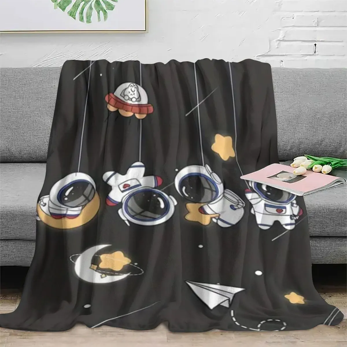Cute Space Astronaut Throw Blanket for Kids Nursery Decor Galaxy Stars Planets Cartoon Cozy Comforter Bedding Gift for Baby