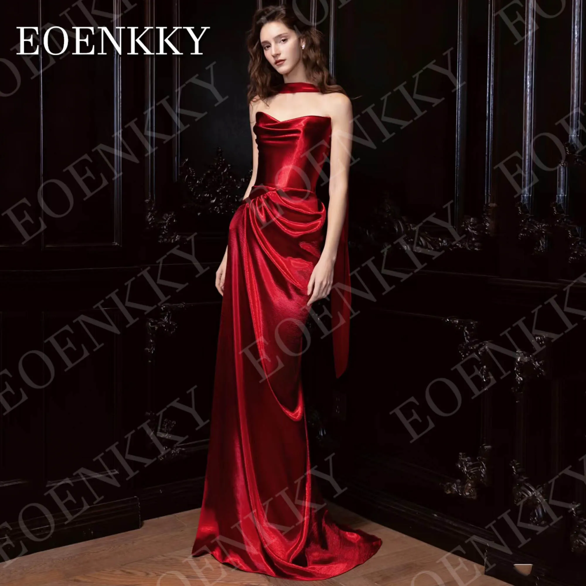 

EOENKKY Woman Burgundy Mermaid Evening Dresses Formal Elegant Satin Long Strapless Prom Dress Sleeveless Customized فساتين سهرة