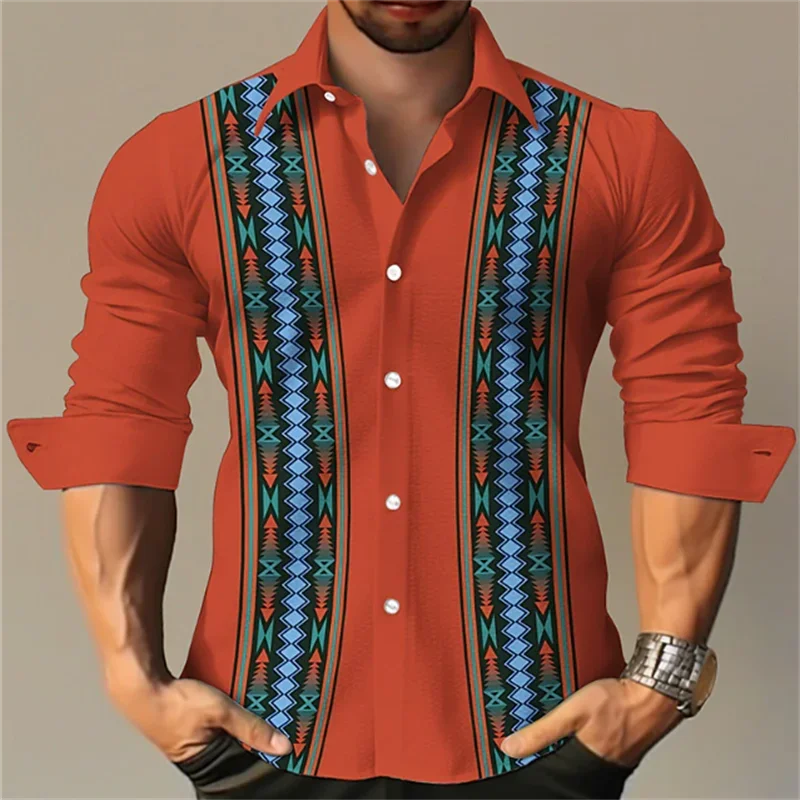 Camisa de botão manga longa masculina, xadrez listrado, rei leão tribal, lapela casual ao ar livre, blusa macia e confortável, nova moda