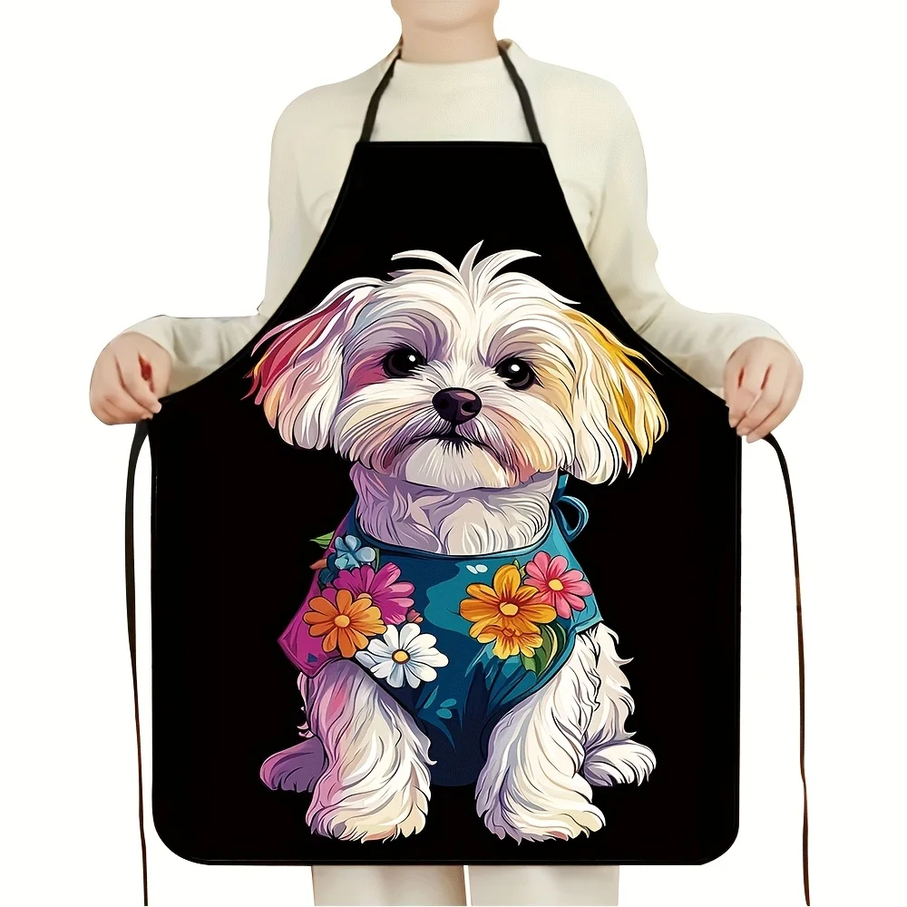 Floral Dog Apron – Photorealistic Shih Tzu in Flower Vest, Black Background,  Polyester,  Unisex, No Pocket