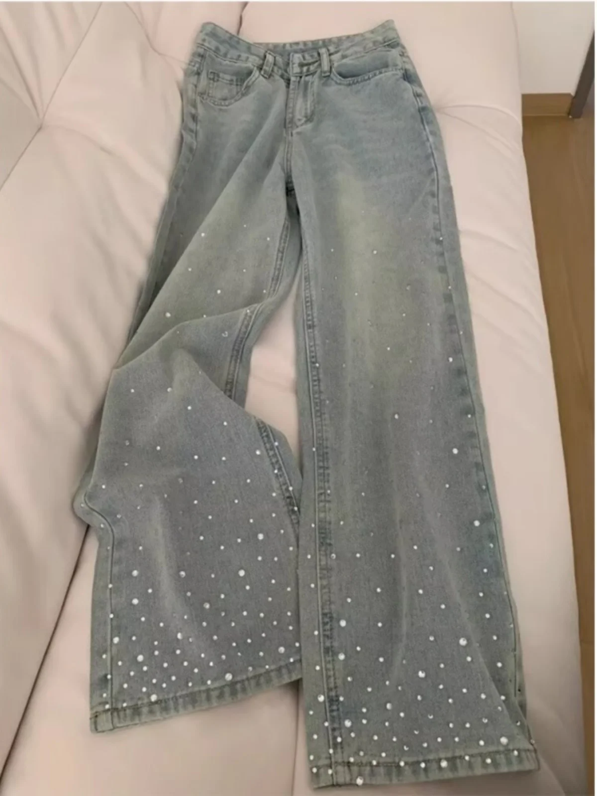 

Женские джинсы с высокой талией в стиле ретро, прямые, свободного кроя, больших размеров, с декором из страз, широкие брюки, длинные штаны для весны и осени