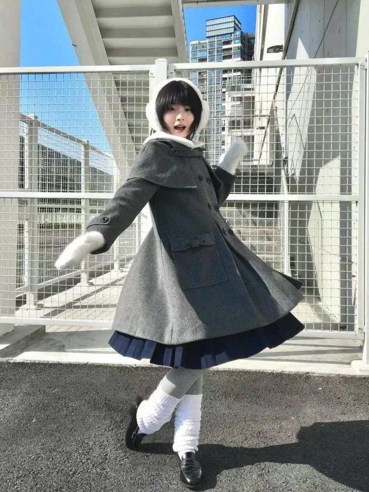 Płaszcz damski w stylu preppy, casual, vintage, luźny, szary, jesieniowy, elegancki, modny, z patchworkiem, długi rękaw, szykowny, ciepły.