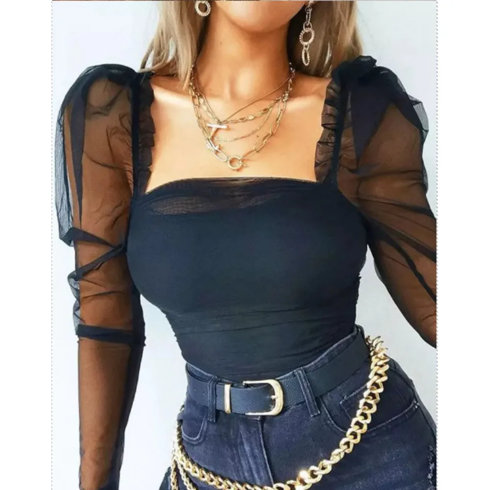 Hot New 2025 Spring Summer Womens Long Sleeve Sexy Black Mesh Top T Shirts Transparent Punk Club Streetwear Tees Beach Tops