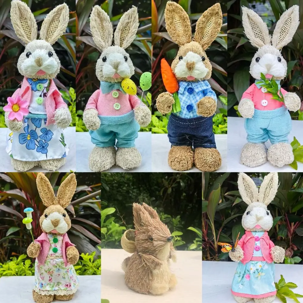 New High-25cm Straw Rabbits Handmade Hand Weave Garden Statues Gift Photography Props Standing Rabbits Easter Party