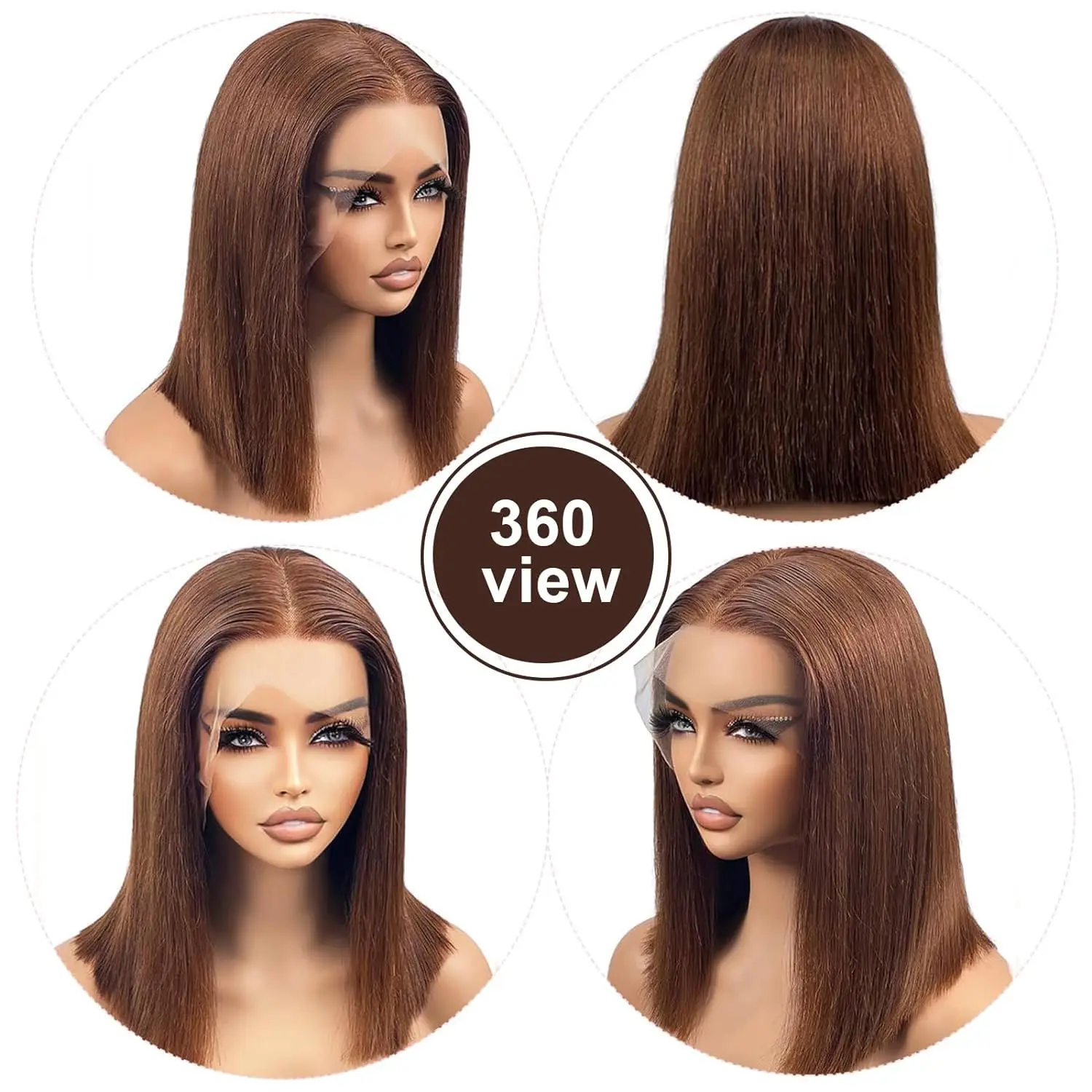 13X4 Lace Frontal Wig Real Human Hair Straight Short Bob Wigs 4# Chocolate Brown Pre-Plucked Naturl Hairline 200% Density