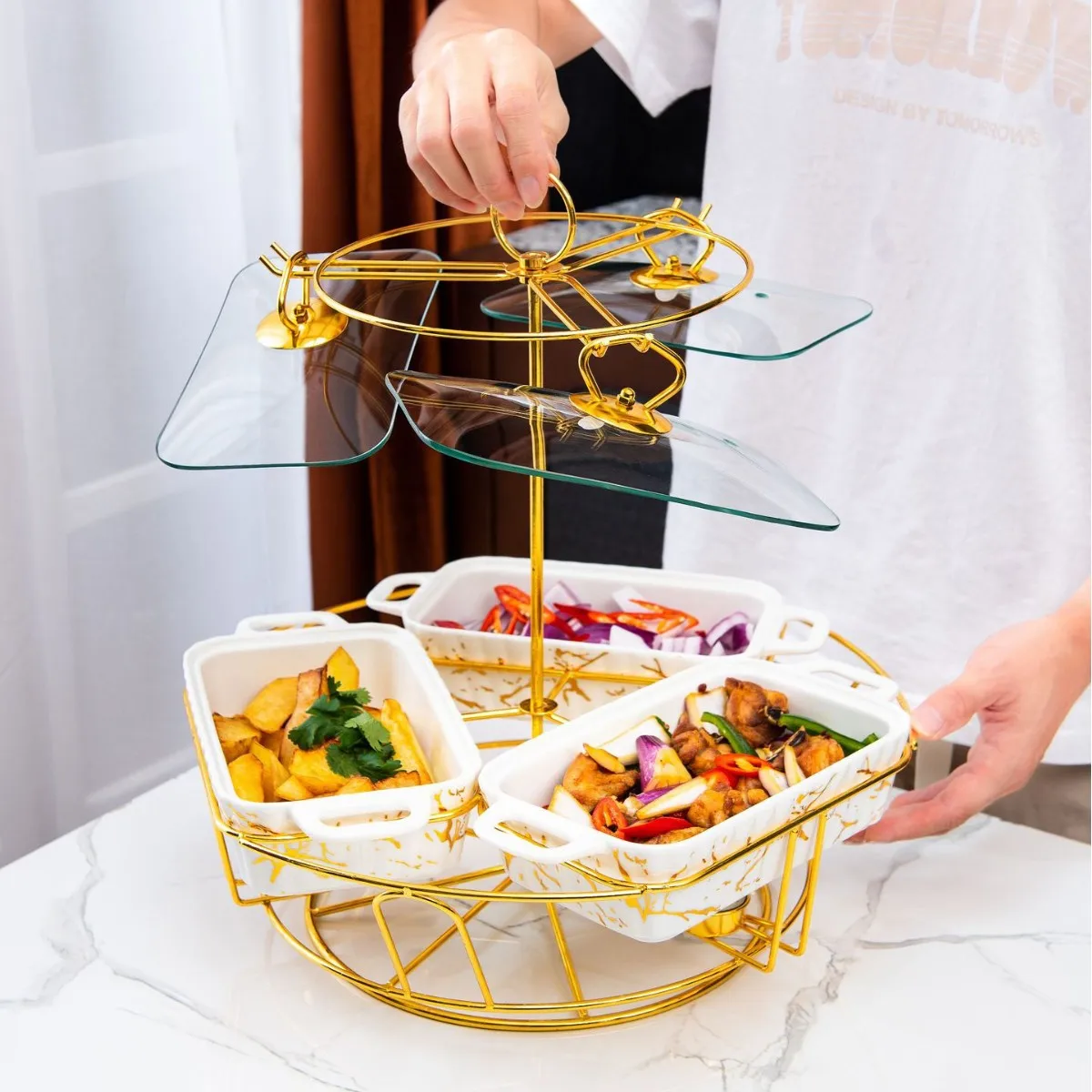 

Casserole three-grid rotating ceramic baking pan marble baking ware dish marble pattern baking pan