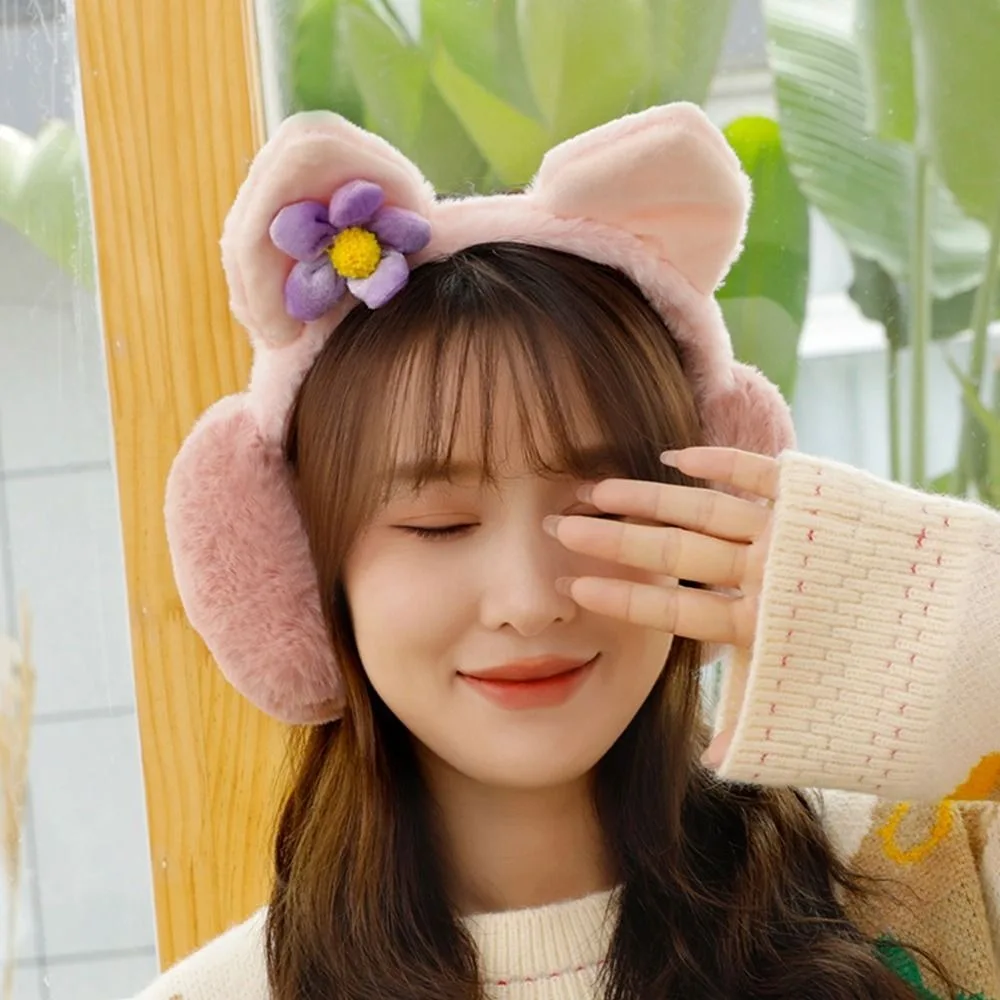 Cute Cartoon Cat Rabbit Ear Warm Earmuffs Plush Rabbit Ear Folding Earflap Cold Protection Soft Windproof Ear Cap Women