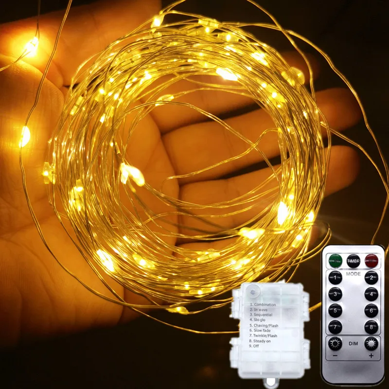 Waterproof 8 Mode LED Copper Wire String Light Fairy Garland Christmas Lights Outdoor Remote Control Battery Power Wedding Decor