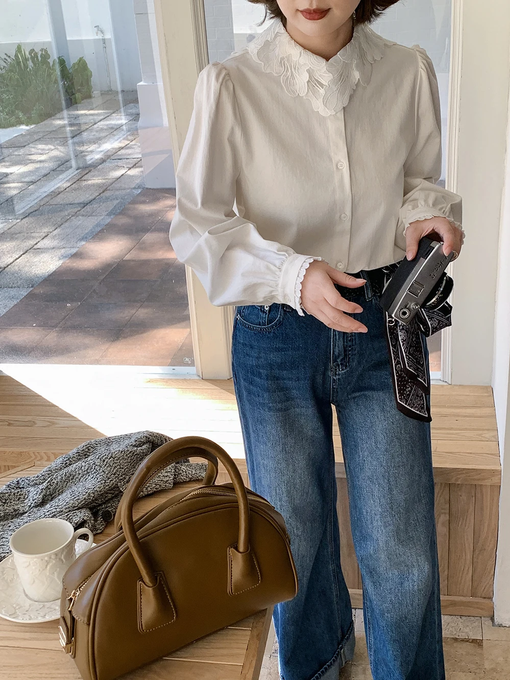 

ELINSU Винтажный топ с кружевным воротником и рукавами-фонариками, женская хлопковая блузка с длинным рукавом, дышащая, прямого кроя