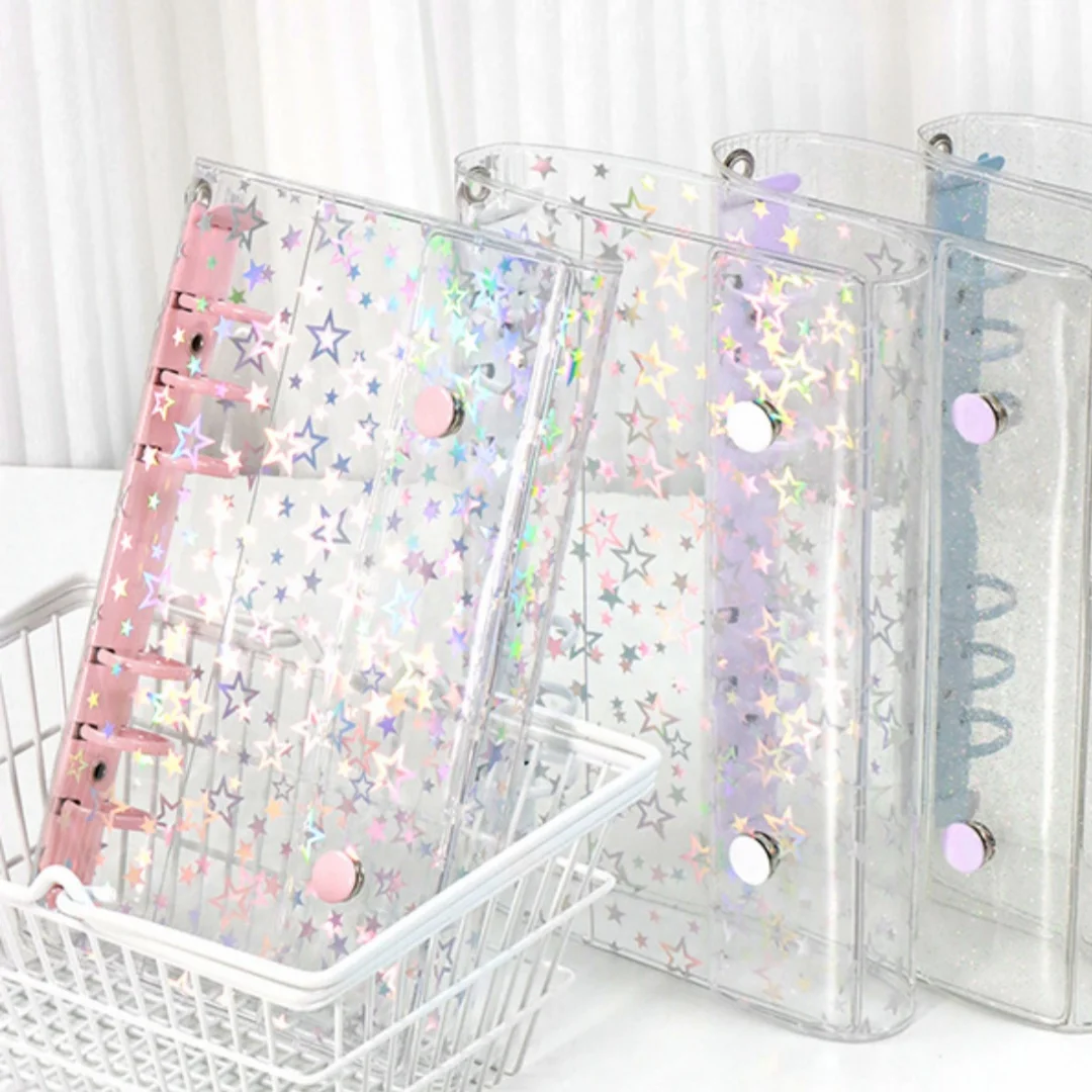 1pc A6 Budget Binder Cover Clear Glitter PVC Binder Refillable Notebook for Photos Pictures Albums Organizer Planner Folder
