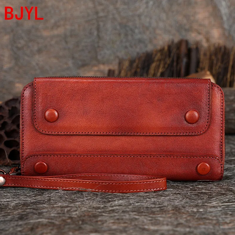 

2021 New Retro Leather women Long Wallet Female Handmade Soft Leather card holder Wallet large capacity mobile phone clutch bag