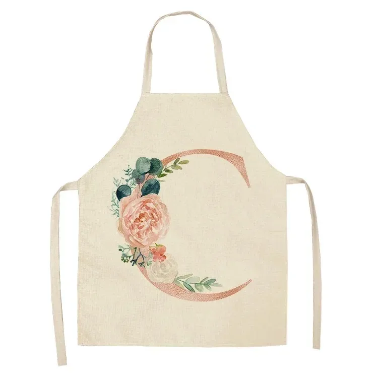 Pink Letter Flower Kitchen Aprons for Women Cotton Linen Bibs Household Cleaning Pinafore Home Cooking Apron